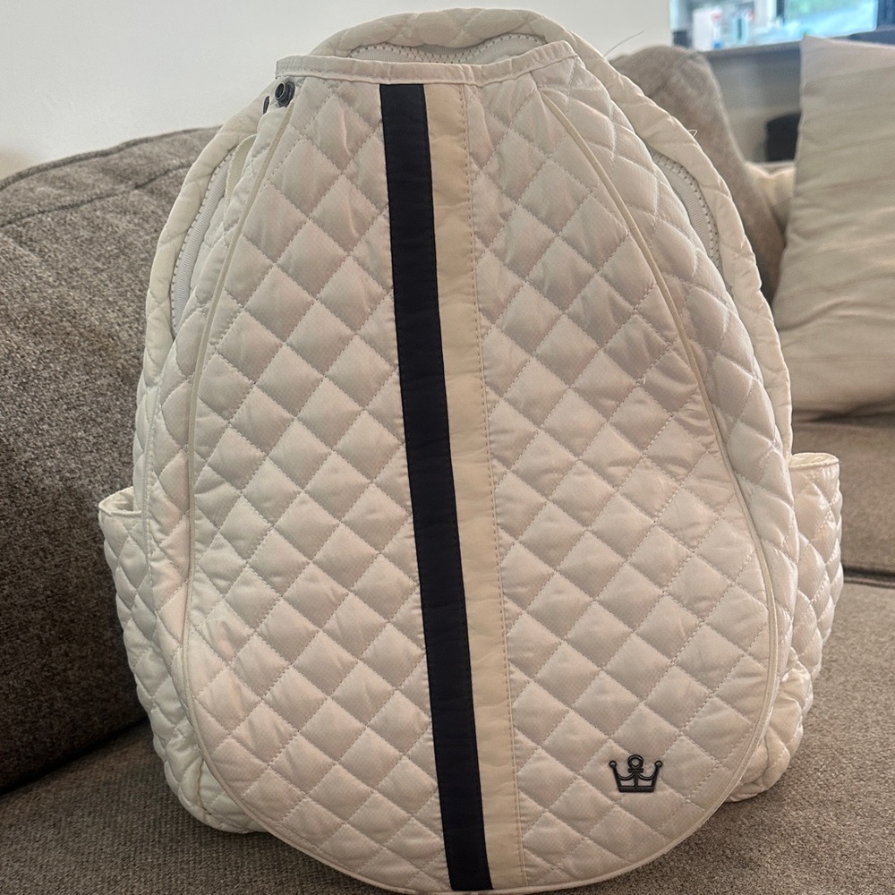 Oliver Thomas White Quilted TENNIS Backpack with navy stripe